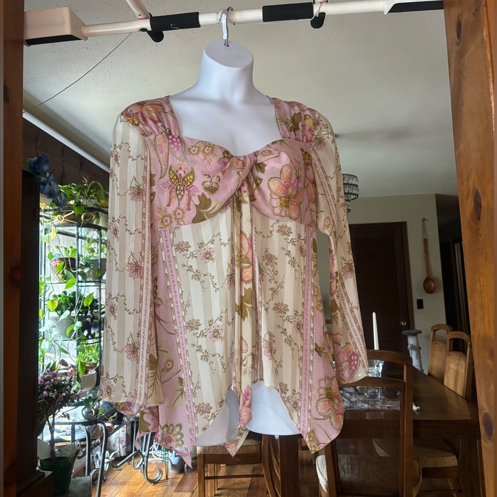 Work to Weekend Floral Pink and Cream Asymmetrical Women's Top Fairycore Sz 14